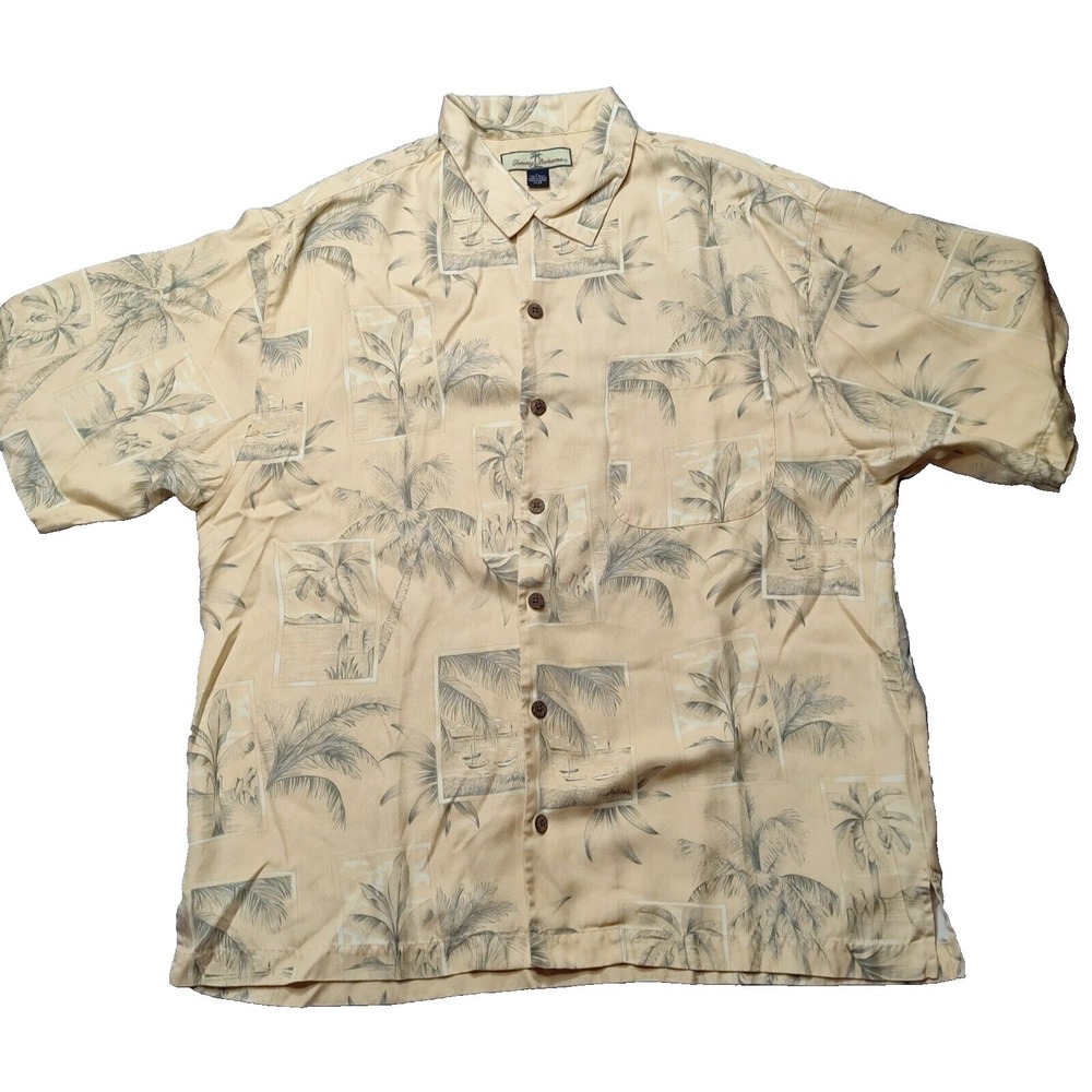 TOMMY BAHAMA Men Large‎ Peach Tropical Postcard SILK Short Sleeve Shirt